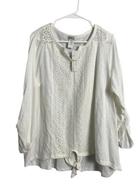 Isela Tunic Blouse Womens 1X White Crochet Lace Tie Front Roll Tab Sleeve Top